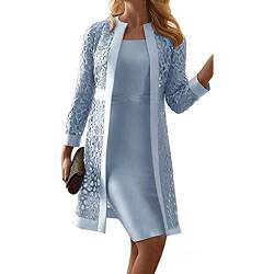 通用 Frauen Einfarbig Lässig Ausschnitt Cardigan Kleider Zweiteiliges Set Arbeitskleid Bürokleid Hochzeitsgast Kleid,Light Blue,L von 通用