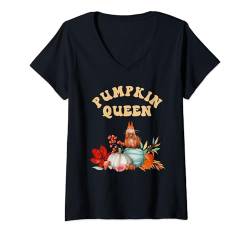 Damen 2024 Herbst Herbst Kürbis Königin Niedliches Herbstlaub & Eichhörnchen T-Shirt mit V-Ausschnitt von 2024 Fall & Autumn Pumpkin Queen Sapphire Star