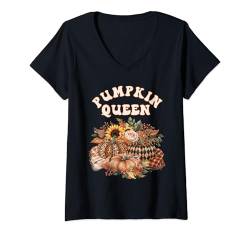 Damen 2024 Kürbiskönigin Niedlich Vintage Herbst Laub Retro T-Shirt mit V-Ausschnitt von 2024 Fall & Autumn Pumpkin Queen Sapphire Star