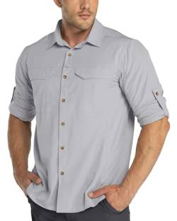 33,000ft Funktionshemd Herren UPF50+ UV-Schutz Langarm Hemd Atmungsaktiv Button-Down-Hemd Outdoor Sportliches Freizeithemd Angelhemd Für Männer Silber Grau M von 33,000ft