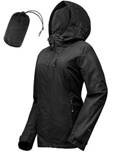 33,000ft Regenjacke Damen Wasserdicht Outdoorjacke Atmungsaktiv Herbst Übergangsjacke Leichte Jacke mit Kapuze Windbreaker zum Wandern Reisen Treking Fahrrad schwarz 46 von 33,000ft