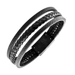 555Jewelry Edelstahl-Magnetverschluss, geflochtenes schwarzes Lederarmband für Herren, 8.25 inch, Metall Leder von 555Jewelry