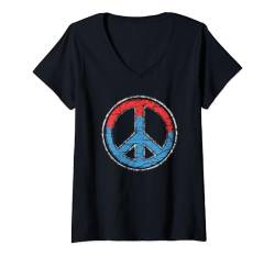 Damen Retro Design Friedenszeichen Peace Zeichen T-Shirt mit V-Ausschnitt von 60er 70er 80er Retro Friedenszeichen Geschenke