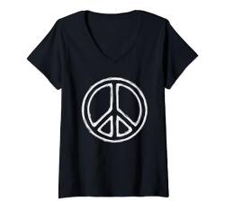 Damen Retro Design Friedenszeichen Peace Zeichen T-Shirt mit V-Ausschnitt von 60er 70er 80er Retro Friedenszeichen Geschenke