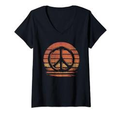 Damen Retro Design Friedenszeichen Peace Zeichen T-Shirt mit V-Ausschnitt von 60er 70er 80er Retro Friedenszeichen Geschenke