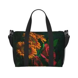 Reisetasche mit Sonnenblumen- und Rosenmotiv, für Damen und Herren, Wochenendtasche mit verstellbarem Schultergurt und Griff, Schwarz , Einheitsgröße, Reisetasche von AABSTBFM