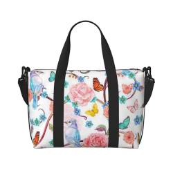 Romantische, ausgefallene Reisetasche mit Blumenmotiv und Vögeln und Schmetterlingen für Damen und Herren, Wochenendtasche mit verstellbarem Schultergurt und Griff, Schwarz , Einheitsgröße, von AABSTBFM