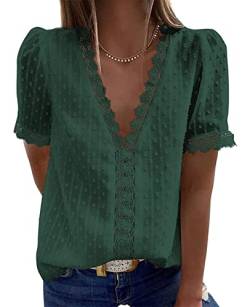 ABINGOO Damen Bluse Spitze Casual V-Ausschnitt Elegant Einfarbiges Basic Pullover Shirt Oberteil Tops(Z-Grün,L) von ABINGOO