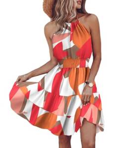 ABINGOO Damen Bohemian Sommerkleid Rückenfrei Neckholder Minikleid Hohe Taille A-Linie Swing Freizeitkleid Blumendruck Strandkleider(Orange,L) von ABINGOO