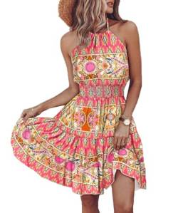 ABINGOO Damen Bohemian Sommerkleid Rückenfrei Neckholder Minikleid Hohe Taille A-Linie Swing Freizeitkleid Blumendruck Strandkleider(Rosa,L) von ABINGOO