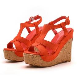 4,9 Zoll Peep Toe Plateau Wedges Sandalen Runde Zehen Plateau High Heel Sandalen Holz Streifen Knöchelsandalen,Orange,33 von ABJGHYUT