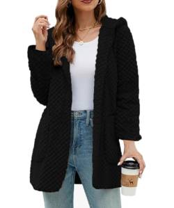 ABYOVRT Damen Hoodie Jacke Oversize Fleecemantel Winter Plüschjacke Langarm Wintermantel Lang Warm Cardigan Kapuzenpullover Sweatshirt Strickjacke Kapuzenjacke Winterjacke mit Taschen,Schwarz,S von ABYOVRT