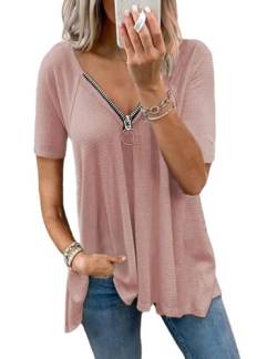 ABYOVRT Damen V-Ausschnitt Kurzarm Bluse Einfarbig Hemd Reißverschluss Casual Lose Baumwolle Tunika Tops Longshirt Hemd T-Shirt,Rosa,S von ABYOVRT