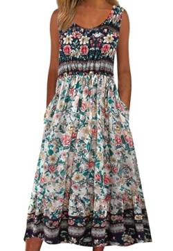 ABYOVRT Sommerkleid Damen Lang Ärmelloses Blumen Midikleid Damen Sommer Strandkleid Lässige Rundhals Kleider Leicht und Luftig mit Taschen,M von ABYOVRT