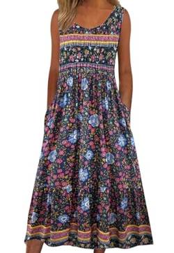 ABYOVRT Sommerkleid Damen Lang Ärmelloses Blumen Midikleid Damen Sommer Strandkleid Lässige Rundhals Kleider Leicht und Luftig mit Taschen,S von ABYOVRT