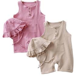 ACMEDE Baby Strampler Overall Neugeborenes Gr. 50/56 + baby Beanie, 2er pack Baby Tank Top Body Einteiler set Baumwollmusselin Baby Jumpsuit Ärmellos Sommer einteiligen Anzug, 0-24 Monate von ACMEDE