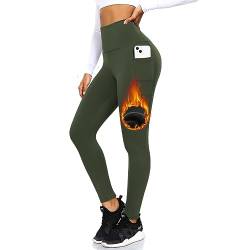 ACTINPUT Thermo Leggings Damen Gefütterte Thermoleggins High Waist Thermohose Winter Warme Sportleggins Strumpfhosen Yogahose Laufhose Sporthose mit Taschen(Armee Grün,L-XL) von ACTINPUT