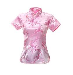 ACVIP Damen Pflaumenblüte Qipao Oberteile Stehkragen Kurzarm Chinesische Bluse Top(China XL/EU 40,Rosa) von ACVIP