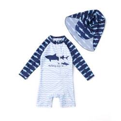 ADAVERANO Baby Jungen Repreve® Recycelter Badeanzug/Sonnenanzug UV 50+ Einteiliger Ganzlängen-Reißverschluss Kappe.(Welle Hai,62-68cm) von ADAVERANO