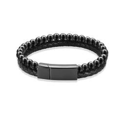 ADENLA Kremationsschmuck, Perlen-Urnen-Armband für Asche für Herren, echtes Leder, Urnen-Armband für Asche, Andenken, Gedenkschmuck, Schwarz, 20 cm von ADENLA