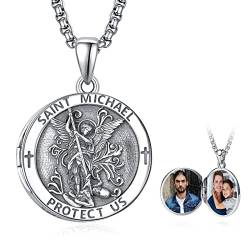 ADMETUS Foto Medaillon Heiliger Michael Kette 925 Sterling Silber St Michael Kette Anhänge für Foto Bilder Erzengel Michael Halskette Rund Amulett Schmuck für Herren von ADMETUS