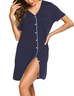ADOME Nachthemd V-Ausschnitt Damen Nachthemd mit Knöpfe Baumwolle Schlafhemd Damen Nachtwäsche Geburtshemd Damen Krankenhaus Navy Blau XXL von ADOME