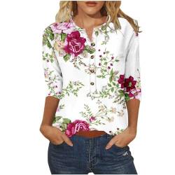 3/4 Ärmeln Tunika Damen Bunte Blumenmuster Druck Oberteile Shirt Lose Rundhals Knopfleiste Langarm Bluse Sommershirts Mode Damenblusen Blumen T-Shirt Sport Tshirt Blusenshirt von AEGJEGVD