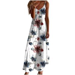 AEGJEGVD Boho Kleid Damen Maxikleider Sommer V-Ausschnitt Strandkleid Sexy Spaghetti Ärmellose Blumen Druck Freizeitkleid Baumwolle Leicht Urlaubskleid Sommerkleid Trägerkleid 2024 von AEGJEGVD