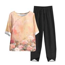 AEGJEGVD Hosenanzug Damen Tshirt und Lange Hosen Sommer Leicht Einfarbig Leinen Outfits 2 Teiler Bluse Baumwolle Jogginganzug Tracksuit Freizeitanzug Elegant Lose 2024 Casual Sportanzug Loungewear von AEGJEGVD