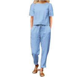 AEGJEGVD Leinen Outfits Damen Leicht Baumwolle Hosenanzug 2 Teiler Bluse Tshirt und Lange Hosen Freizeitanzug Casual Einfarbig Jogginganzug Leicht Atmungsaktiv Sportanzug Lose Elegant Tracksuit 2024 von AEGJEGVD