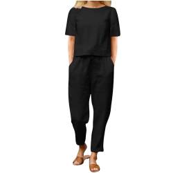 AEGJEGVD Leinen Outfits Damen Leicht Baumwolle Hosenanzug 2 Teiler Bluse Tshirt und Lange Hosen Freizeitanzug Casual Einfarbig Jogginganzug Leicht Atmungsaktiv Sportanzug Lose Elegant Tracksuit 2024 von AEGJEGVD