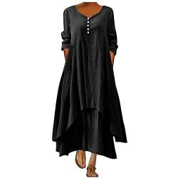 Kleid Damen Große Größe Baumwoll Leinenkleid Elegant Asymmetric Swing Boho V-Ausschnitt Kurzarm Einfarbig Maxi Lose Strandkleid mit Taste Freizeit Ballettkleidung Mädchen Kleid Sommerkleid 2024 von AEGJEGVD