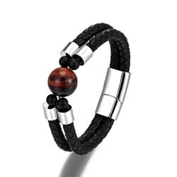 Leder Armband Herren,Herren Lederarmband, Naturstein Armband Leder Edelstahl Magnetverschluss Seilarmband Doppellagig Geflochtene Armbänder Unisex Manschette Wickelarmband Roter Tigerauge Stein 19 von AEJBD