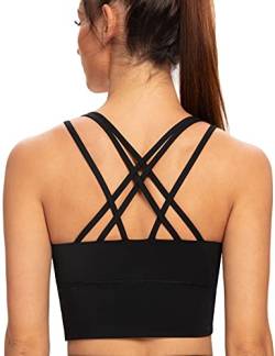 AGONVIN Damen Longline Strappy Gepolsterte Medium Support Training Top Sport BH Schwarz XS von AGONVIN