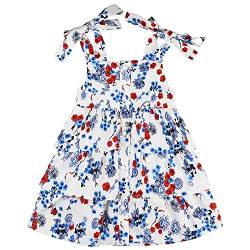 AGQT Kleider für Baby Mädchen Sommerkleid Schlinge Blumen Knöpfen Verstellbarer Träger Freizeit Strandkleid Festliches Kleid Rot Blau Blume auf Weiß Größe 18-24 Monate von AGQT
