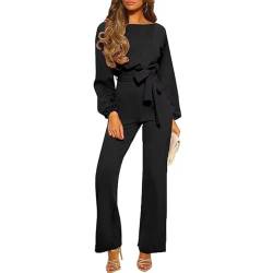 AGYMNX Jumpsuit Damen Herbst Winter Elegant Festlich Langarm Rundhalsausschnitt Overall Hochzeit Lang Jumpsuits Casual Playsuit Romper mit G�rtel Weites Bein Hose schwarz XL von AGYMNX