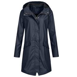 AGYMNX Regenjacke Damen Wasserdicht Atmungsaktiv Leicht Trenchcoat Langer Mantel Winddichter Jacke Kapuzenjacke Damenmantel Windjacke �bergangsmantel mit Taschen Kn�pfen Dunkelblau S von AGYMNX