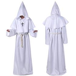 Mönchkostüm Mittelalterlicher Bruder Umhang mit Kapuze lang Halloween Kleid Priester Renaissance Mantel Zauberer Vampir Teufel Outfits Jedi Ritter Gothic für Kostüm Cosplay Karneval, weiß, XL von AHDMR