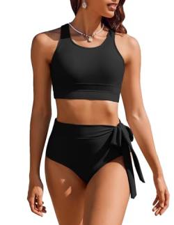 AI'MAGE Bikini Damen Set Bademode Zweiteiliger Blumenmuster Sport Bikini Set High Waisted Bikini Oberteil Große Brüste Sexy Bauchweg, Schwarz, S von AI'MAGE