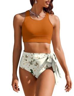 AI'MAGE Bikini Damen Set High Waisted Bademode Blumenmuster Zweiteiliger Badeanzug Swimsuit Große Brüste Bauchweg Oberteil Sport, Karamell Orange, L von AI'MAGE