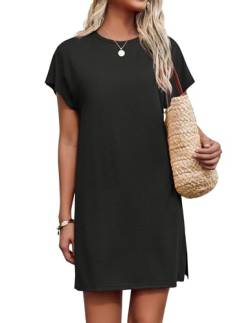 AI'MAGE Damen Coverup Kurzarm T-Shirt Kleid Casual Lose Schlitz Knielang Strand Minikleid S-XXL, Schwarz, X-Groß von AI'MAGE