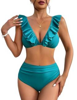 AI'MAGE Damen Zweiteiliger Badeanzug V Ausschnitt Bikini Bademode Bauchkontrolle Bikini Sets Blau Grün S von AI'MAGE