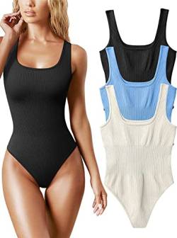 AIDEUX Damen 3-teilige ärmellose Bodys, quadratischer Ausschnitt, Shapewear Tank Tops und gerippter Schlankheits-Body – Sexy und nahtloser Body, Schwarz Candyblue Beige, S von CHMAIDEU