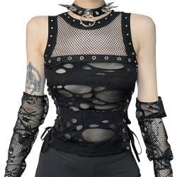 AIEOE Damen Gothic Oberteil Crop Top Schwarzes Spitze Tank Top Spleißen Vintage Top Punk Hohle Schlankes T-Shirt Streetwear L Schwarz von AIEOE