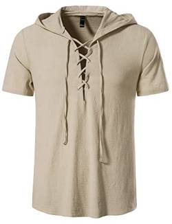 AIEOE Herren Casual T-Shirt Baumwolle Henley Shirt Leicht Dünn Hoodie Kurzarm Leinenhemd mit Kapuze Sommer Freizeithemd Atmungsaktiv - XXL von AIEOE