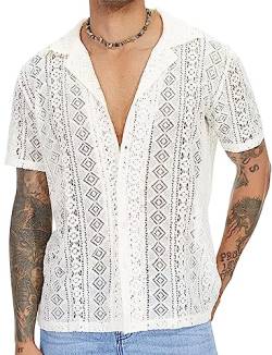 AIEOE Herren T-Shirt Kurzarm Spitzenhemd Atmungsaktive Sommer Oberteil Sexy Clubwear Männer Top Weiß Größe L von AIEOE