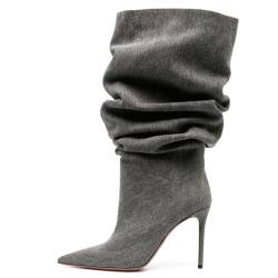 AIXINGGAUNG Overknee-Stiefel für Damen Herbst/Winter Denim-Falten Modisch Schlicht und Elegant Mittelhohe Damenstiefel Spitze Zehenpartie Stilettos Hochzeiten Laufstege Absatzhöhe (11 Cm),Black,41 von AIXINGGAUNG