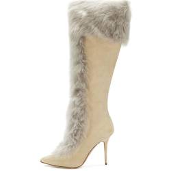 AIXINGGAUNG Overknee-Stiefel für Damen mit Hohem Absatz und Kaninchenfell Süß Kniehoch Spitze Zehenpartie Dicker Absatz Lange Stiefel Pumps für Partys und Hochzeiten,Beige,44 von AIXINGGAUNG