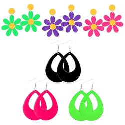 AIYVELU 3 Paar Blumenohrringe Neon Damen, Mode Vintage Neon Ohrringe, Vintage Acryl Ohrringe bunt und übertrieben für 80er Jahre Party oder Vintage Fancy Dress Party von AIYVELU