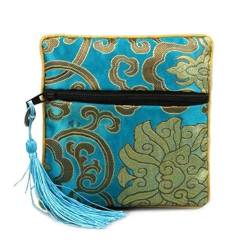 Chinesische quadratische Seiden-Schmuck-Organizer-Tasche, Reißverschluss, Stickerei, Blume, Reisetasche, Münzgeldbörse, Verpackung, kleines Geschenk, seeblau von AJOHBM